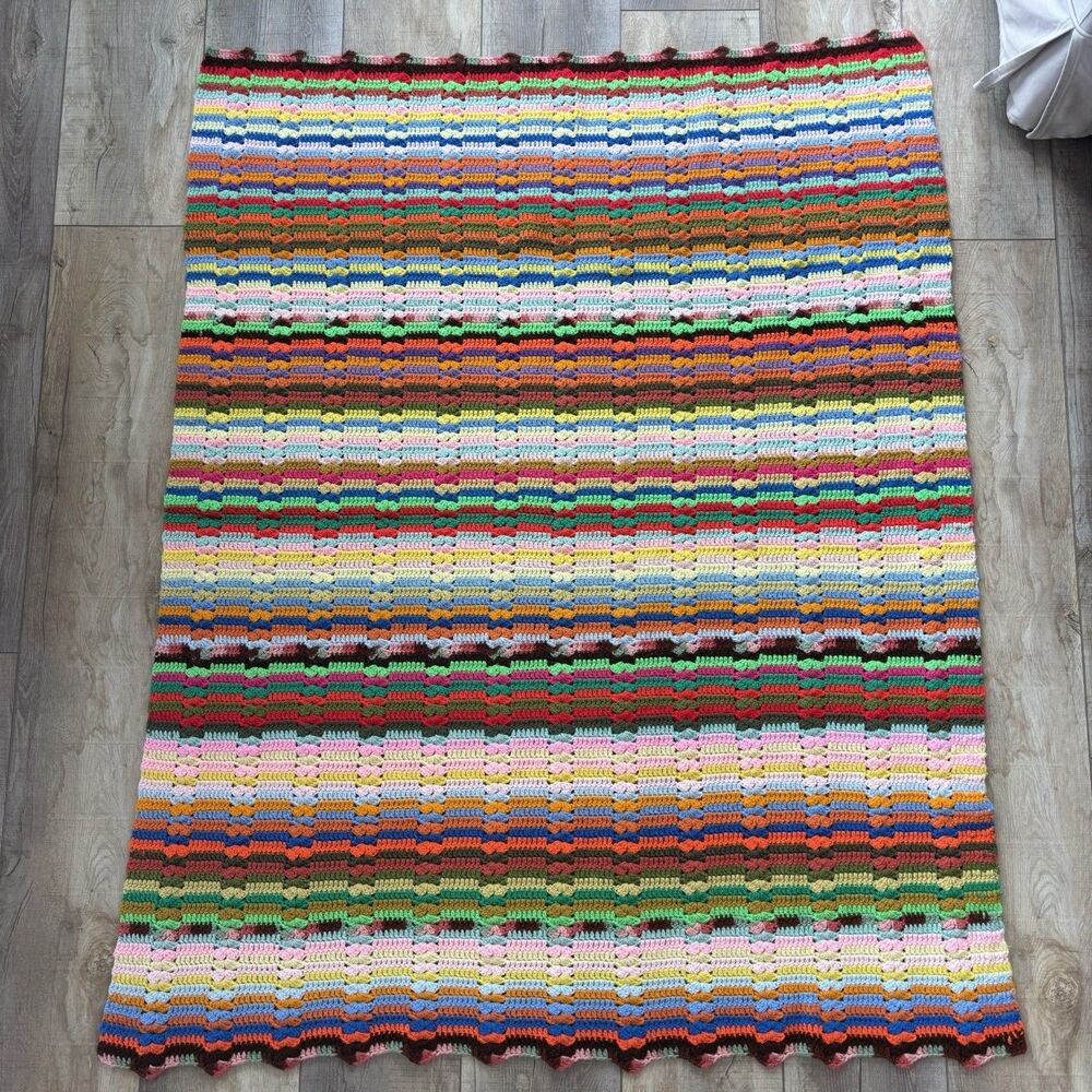 Vtg Handmade Crochet Lap Blanket Afghan Throw 51”x62” Multicolor Stripe Rainbow